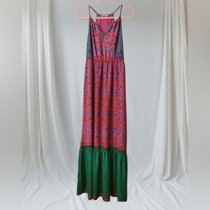 Dalia Tiered Hem Maxi Dress Boho Peasant Pink Green Mix Print Juniors Sz 6